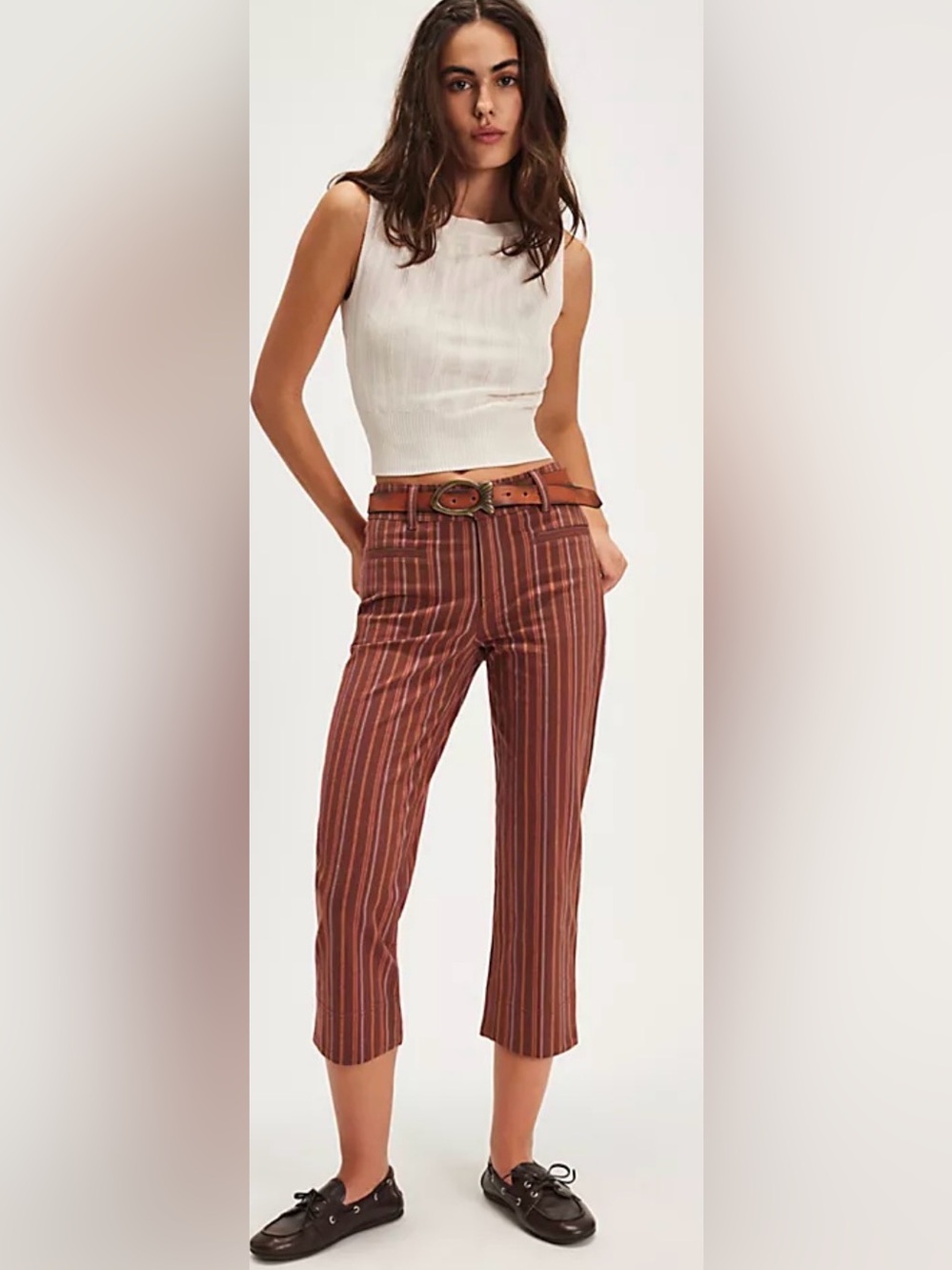Free People Rust & Cream Striped Straight-Leg Pants NWOT